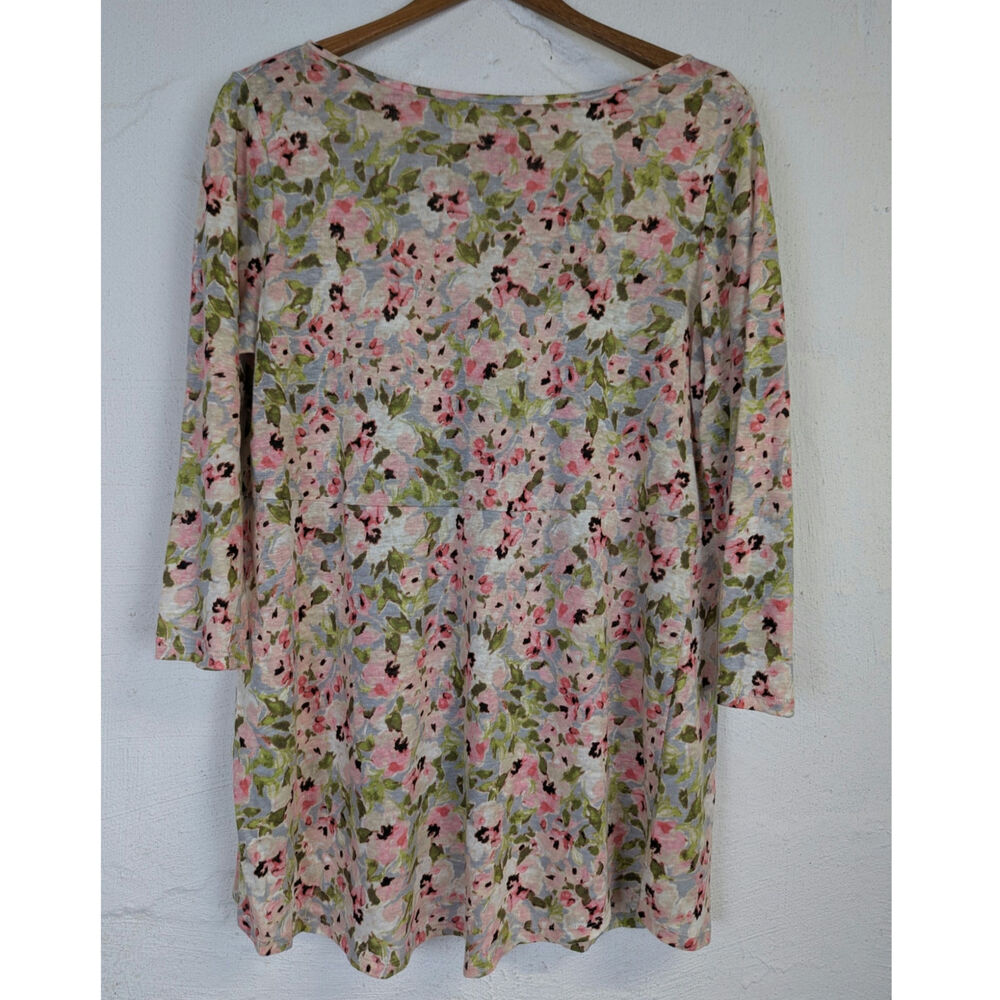 J Jill Love Linen Floral Tunic Blouse Pink Watercolor Tie Back Feminine Flowy XS
